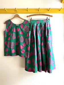 Vtg 80s GIVENCHY Paris Life print cotton blouse top shirt skirt dress suit set - Picture 1 of 10
