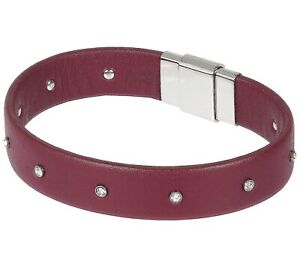 Steel by Design Stainless Steel Crystal Studded Leather Bracelet. 6-1/2"