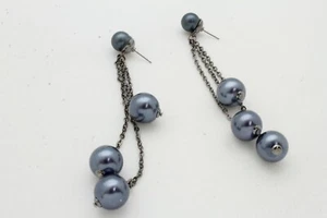 Women Fashion Hook Earring Set Gunmetal Chain Metal Links Gray Pearl Bead Tassel - Picture 1 of 12