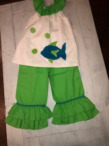 Sz 7 Whimsy Wear Top Ruffle Pants Outfit EUC Fish Green  - Picture 1 of 5