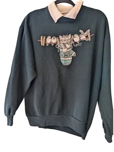 Morning Sun Cat Lady Pullover Collared Sweatshirt Birds Black Women Large - Picture 1 of 8