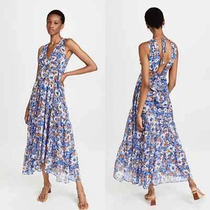 MISA Dominika Maxi Dress in Blue Pansy Floral Flowy Plunging Neckline Size XL - Picture 1 of 12