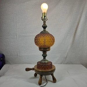 VTG Amber Hobnail Quilted Diamond Glass Tripod Table Lamp MCM Wood Base Western - Picture 1 of 7