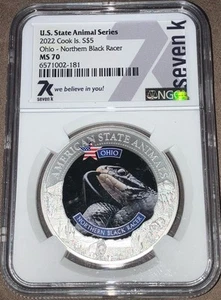 2022 Cook Islands Animals $5 Ohio Northern Black Racer 1 oz .999 Silver NGC MS70 - Picture 1 of 2