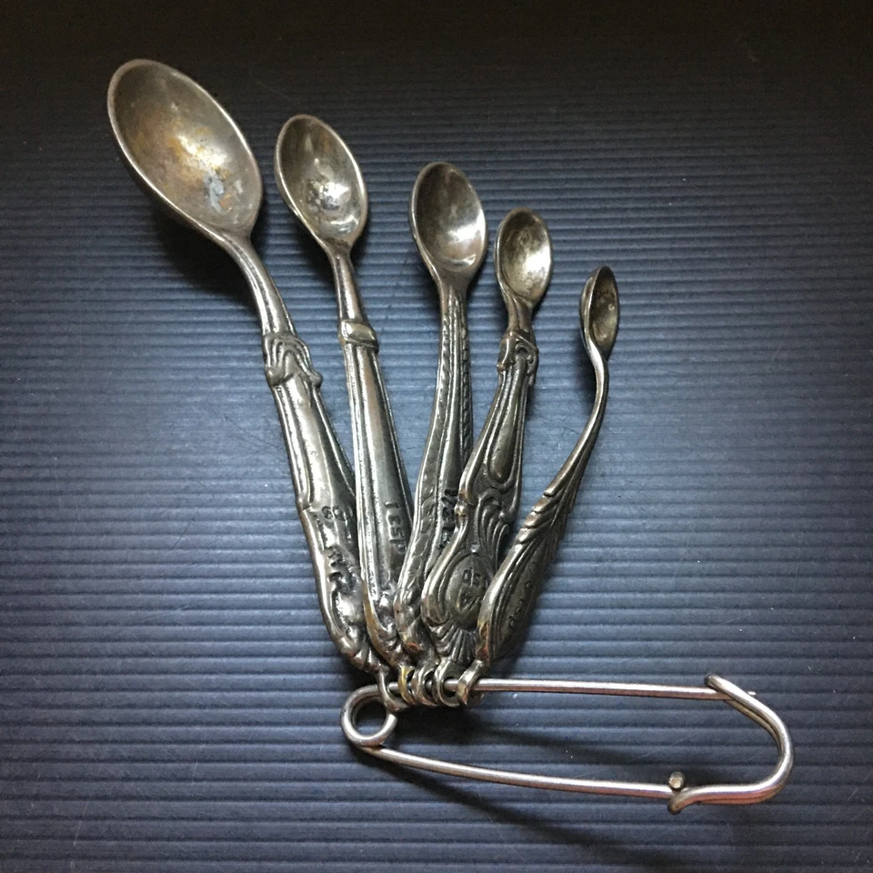 Anthropologie Vintage Silver Plated Measuring Spoons Set of 5 on Safety Pin - Image 1 of 4