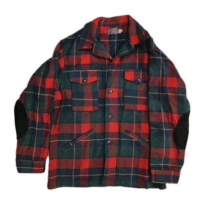 Pendleton Wool Jacket Men's M Red Green Plaid Elbow Patches Wool USA vintage CPO - Image 1 of 4