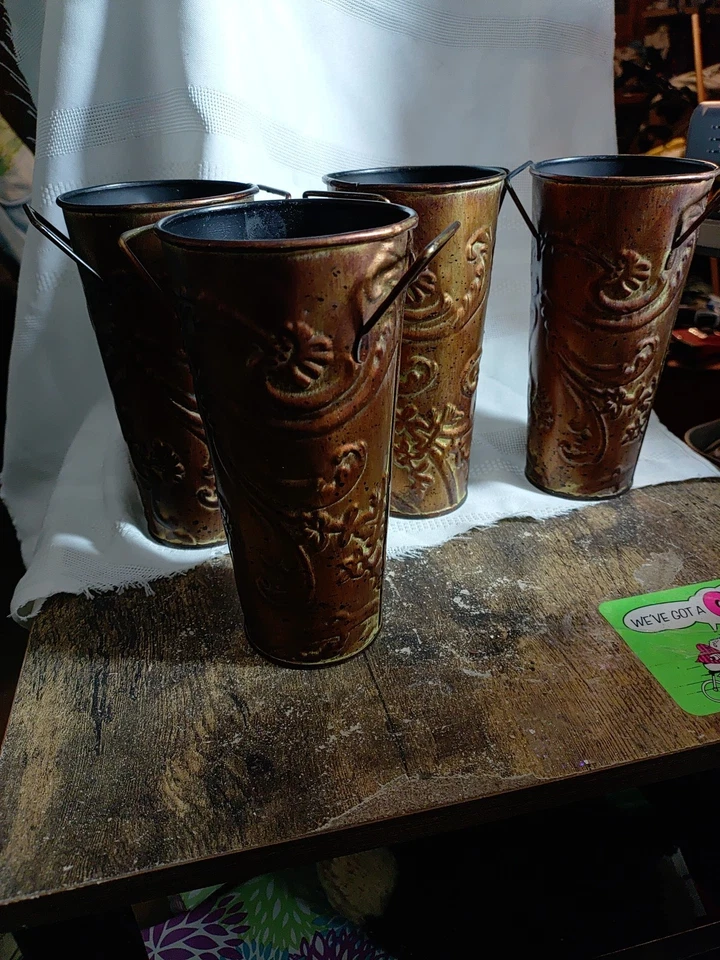 Elegant Expressions small scroll embossed round iron vase set Of 4 - Image 1 of 4