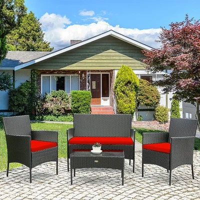 4PCS Outdoor Furniture Set Patio Rattan Conversation Set w/ Red Cushion - Image 1 of 4