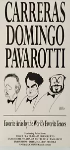 CARRERAS DOMINGO PAVAROTTI FAVORITE ARIAS POSTER 1991 HIRSHFELD ART 24" X 12" - Foto 1 di 1