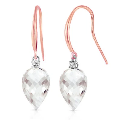 Pendientes de gancho de pez de oro rosa macizo de 14 K de 24,6 quilates con topacio blanco de diamantes Foto 1 de 4