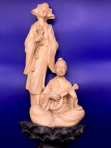 FINELY CARVED ANTIQUE CHINESE SOAPSTONE  MUSICIAN STATUE COUPLING LOTUS STAND