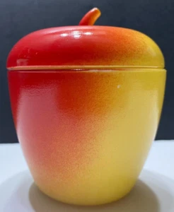 Vtg.  Hazel Atlas 4" Tall Apple Jelly Jar with Lid  Red/ Yellow Milk Glass B28 - Picture 1 of 10