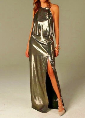Vestido Halston Heritage Dramático Espalda Abierta Metálico Seda Halter Talla 4 Foto 1 de 3