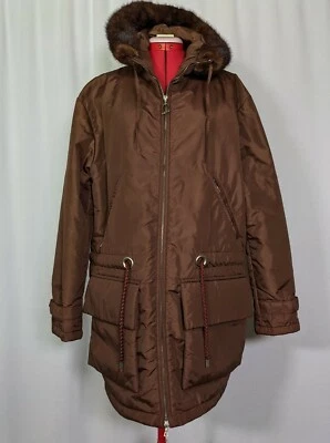 Голова винтажный 80-х теннис лыж реальный мех капюшон коричневый парка Куртка Пальто Riri молнии - Изображение 1 из 4