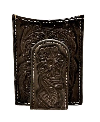 ARIAT Marrón Oscuro Floral Repujado Magnético Clip para Dinero Estuche para Tarjetas Billetera Foto 1 de 2