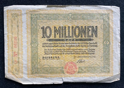 Germany 10 MILLIONEN Mark DUISBURG 1923 Circulated RARE - 100 Years Old - Image 1 of 2