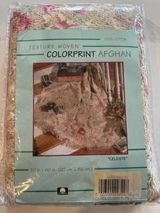 Vintage Texture Woven Cotton Colorprint Afghan Throw Floral Celeste NEW 50 X 60 - Picture 1 of 5