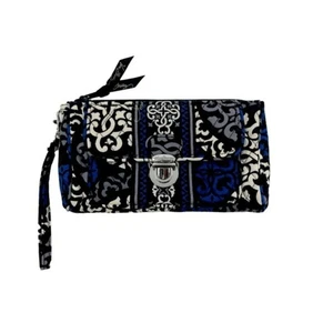 Vera Bradley Wristlet Black Blue White Quilted Fabric Top Zipper Inside Pockets - Picture 1 of 6