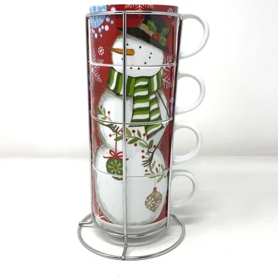 Pier 1进口堆叠马克杯4件套瓷雪人红色白色架子圣诞节 — 第 1/4 张图片
