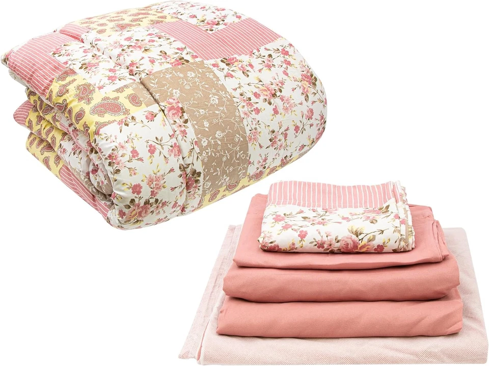 Conjunto de edredom floral Gold Coast 8 peças cama em uma bolsa olmo rosa e amarelo, completo - Imagem 1 de 4