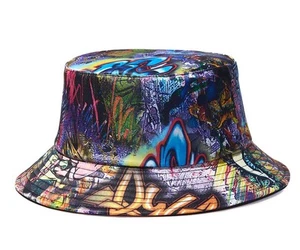 Reversible Printed Bucket Hat,Summer Beach Outdoor Cap (Black Blue Graffiti) - Picture 1 of 8