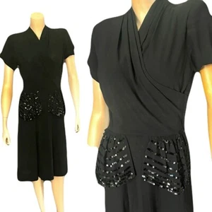 Wunderschönes 40er Jahre tintenschwarzes Viskose Kleid für besondere Anlässe, Pailletten, drapiertes Oberteil, zierlich - Bild 1 von 9