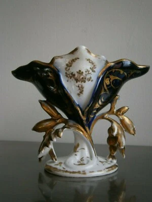 VASE MARIAGE PORCELAINE VALENTINE 19°s DECOR DORE ANCIEN CERAMIQUE BLEU N°3 - Photo 1/4