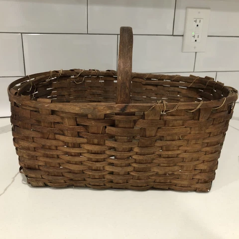 Antique New England Gathering Basket Reed Primitive Folk Art AAFA Cover