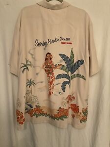 tommy bahama Sz. XL silk shirt Hawaiian  Girl Playing Guitar Ivory