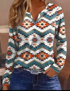 Women's Xxl Shirt Aztec Print Notched Neck T-shirt size 14 Boho Long Sleeve Top - Picture 1 of 4