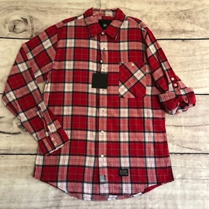 Vtg Kr3w Krew Button Up Shirt L Mens Red Blue Plaid Slim Fit Roll Tab Sleeve New - Picture 1 of 13