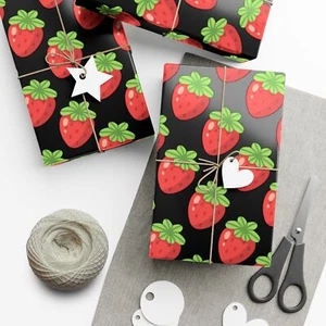 Strawberry Wrapping Paper Rolls, Black Wrapping Paper with Strawberries - Picture 1 of 14