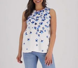 Denim & Co. Printed Jersey Round Neck Swing Tank, Blue, White, Small - Picture 1 of 3