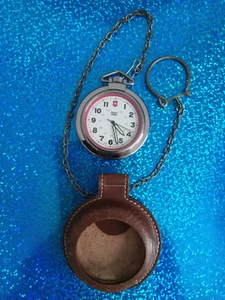 Vtg Swiss Army Pocket Watch 48mm Leather Case and chain... New Battery - Picture 1 of 7