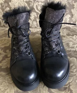 The Shoe Box Jeweled Black Leather Fur Ankle Boots Women Sz US 6 M - Picture 1 of 15