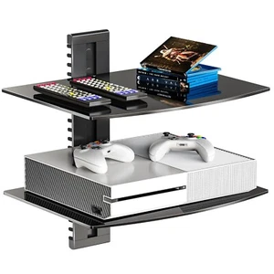 Black Adjustable Wall-Mounted Shelf With Cable Management - 2-Tier Glass For TV - Picture 1 of 7