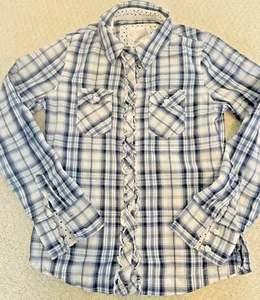 Justice Blue & White Plaid Top with Ruffle Trim Girls Sz 12 - Picture 1 of 3