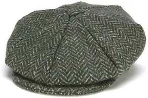 Hanna Hats Irish Donegal Tweed Eight Piece Cap Green Herringbone Made in Ireland - Picture 1 of 3