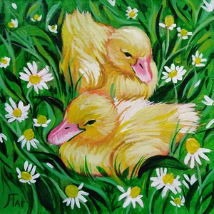 IMPRESIÓN ACEO Pintura Patitos Amarillo Lindo Pato Manzanilla Flor - Imagen 1 de 2