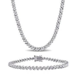 Amour Sterling Silver 1 1/2CT TDW Diamond S-Link Tennis Necklace & Bracelet Set - Picture 1 of 5