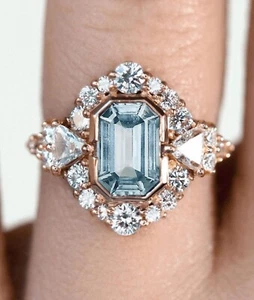 2 Ct Emerald Simulated Aquamarine Engagement Vintage Ring 14K Rose Gold Plated - Picture 1 of 4