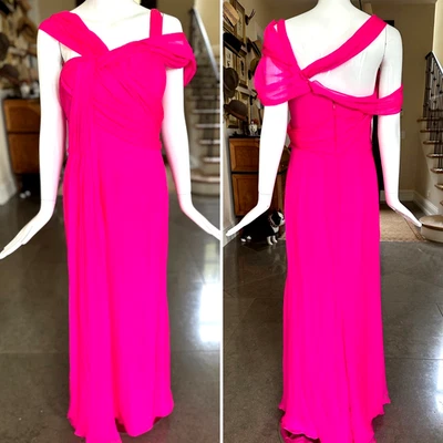 Oscar de la Renta Vestido Eléctrico Rosa Seda Gasa Vintage con Corsé Interior Foto 1 de 4