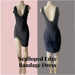 Scalloped Edge Asymmetrical Statement Bodycon Bandage Dress  Sleek & Sculptural - Picture 1 of 10