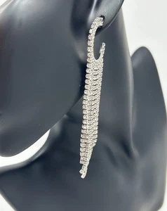 Love Luxe Co Silver Rhinestone Fringe Hoop Chain Statement Earrings New - Picture 1 of 6