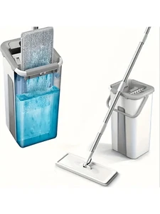 Household Cleaning Mop And Bucket Set 2 Mop Cloths Hand-Free Wash Flat Mop New - Picture 1 of 21