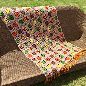 Afghan Hand Crochet Floral Blanket Throw Granny Square Orange Green 70x39" VTG - Picture 1 of 10