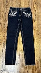Justice Size 10 Girls Dark Wash Thick Stitching Bedazzled Jeans Juniors Straight - Picture 1 of 9