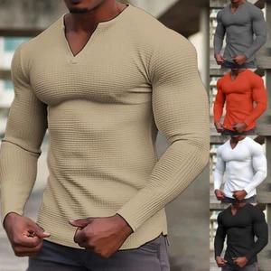 Men's Ribbed T-Shirt Tops Solid Muscle Tee Slim Fit Long Sleeve Casual Blouse US - Picture 1 of 20