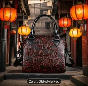 Genuine Cow Leather Handbag Vintage Embroidered Hand-polished Shoulder Sling Bag - Picture 1 of 2
