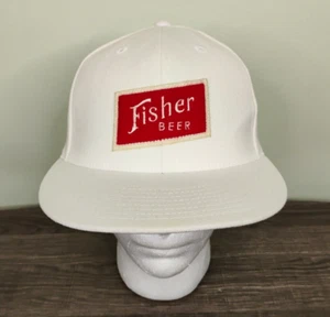 Fisher Beer Hat Cap 7 1/4 - 7 5/8 Fitted Felt Patch White  - Picture 1 of 10
